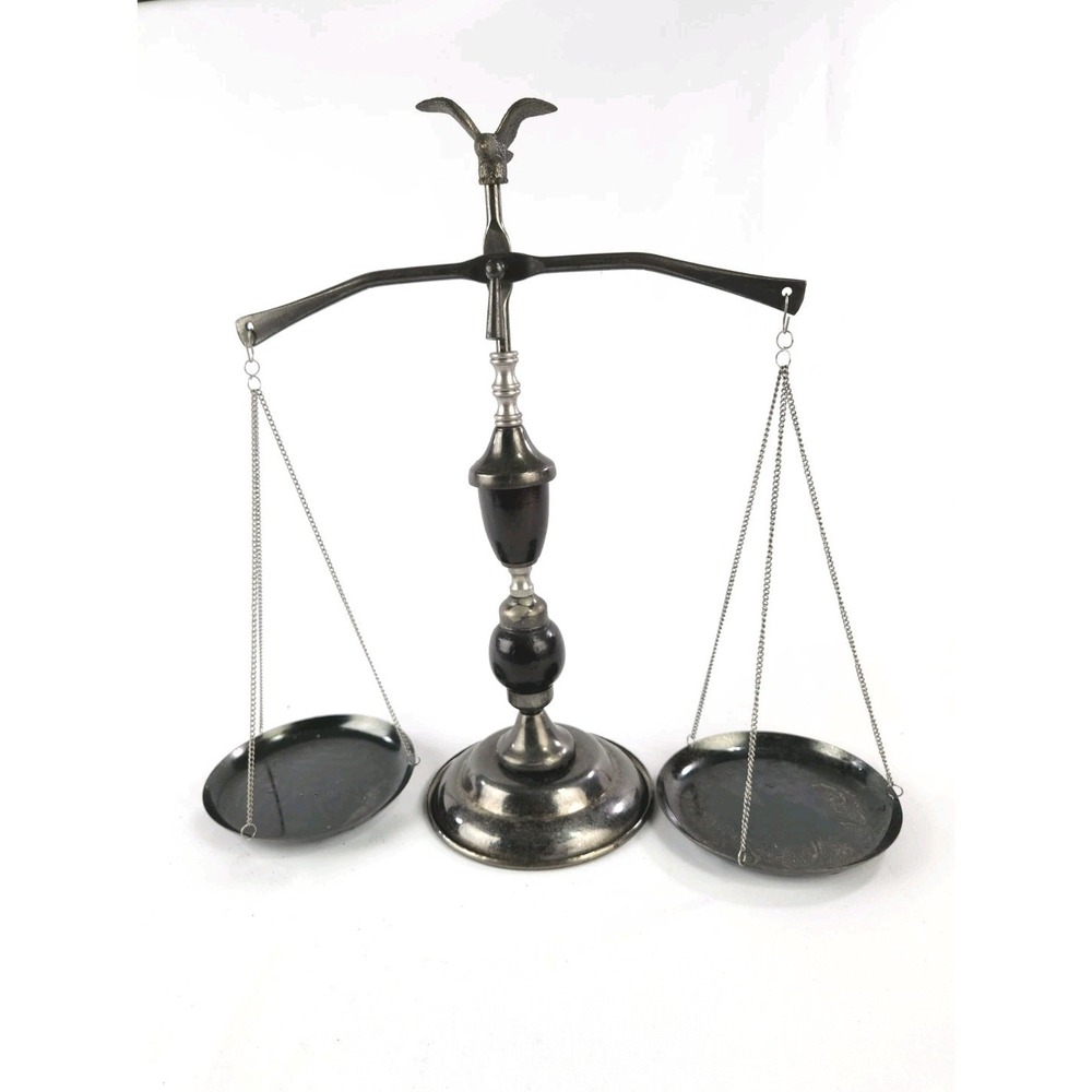 Vintage Wood & Metal Functioning Libra Scale of Justice w‎ Eagle Finial